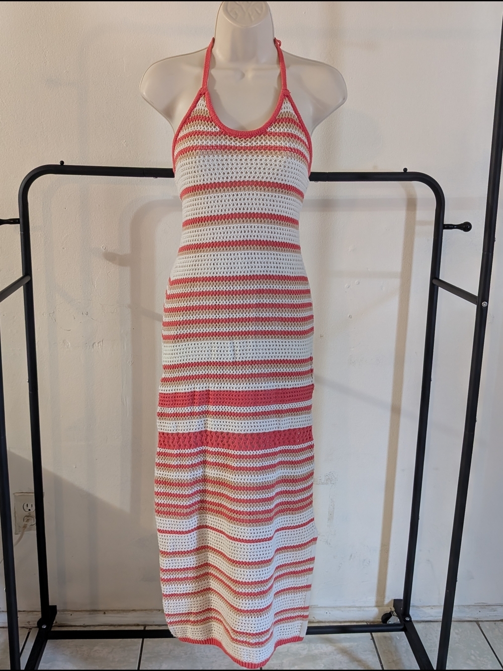 Striped Crochet Halter Maxi Dress in Orange and White,Cream